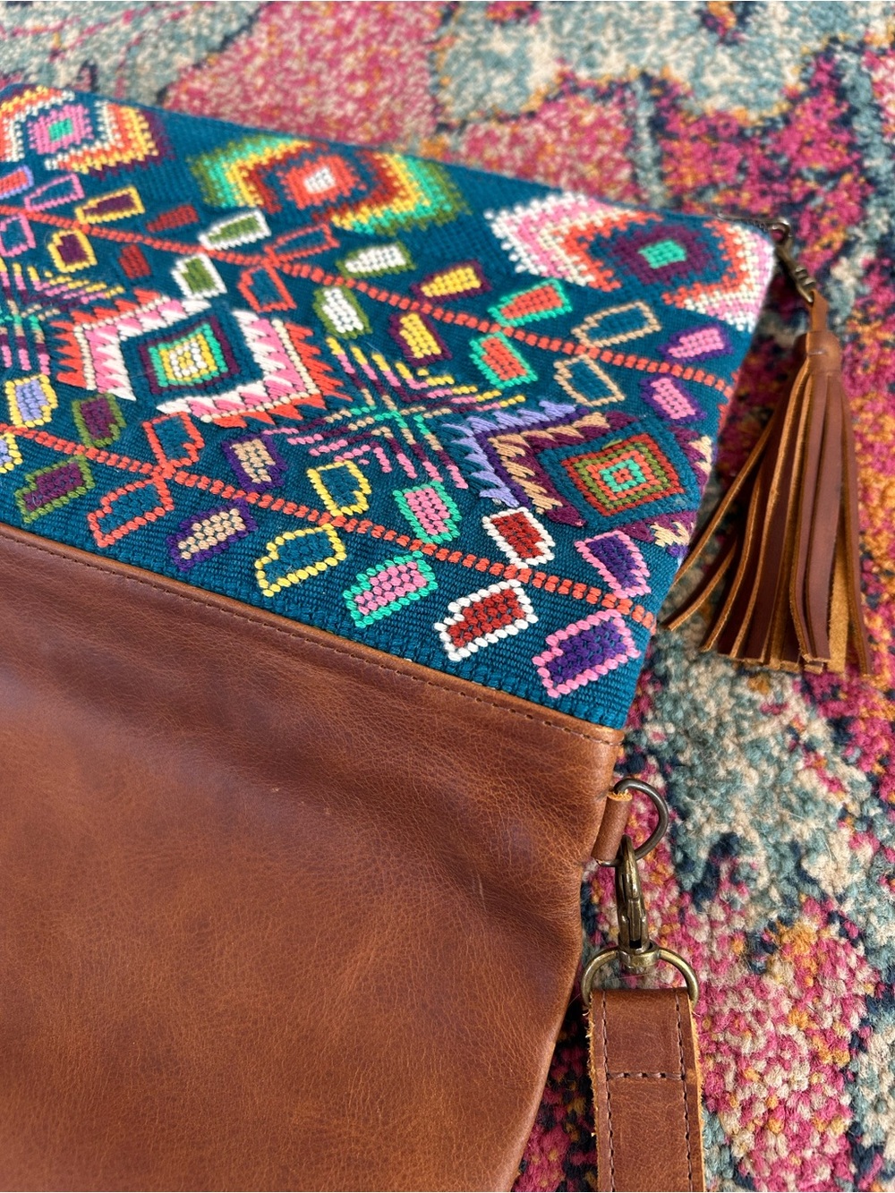 Guatemalan Artisan | Women’s Multicolor Canvas/Leather Boho Embroidered Clutch - Picture 6 of 14
